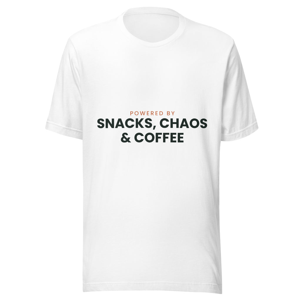 Powered by Snacks, Chaos & Coffee funny family t-shirt, white unisex cotton tee, front view