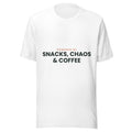Powered by Snacks, Chaos & Coffee funny family t-shirt, white unisex cotton tee, front view