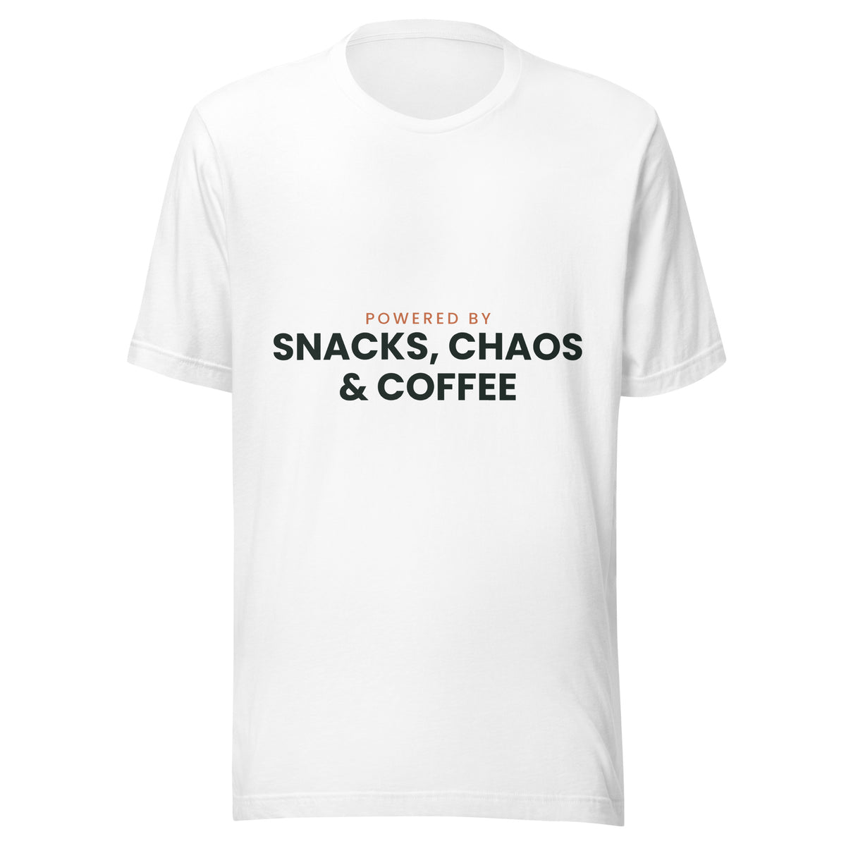 Powered by Snacks, Chaos & Coffee funny family t-shirt, white unisex cotton tee, front view
