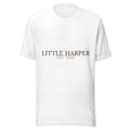Personalised new baby t-shirt with family surname and year, white unisex cotton tee, front view
