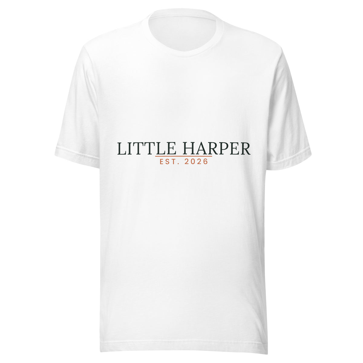 Personalised new baby t-shirt with family surname and year, white unisex cotton tee, front view
