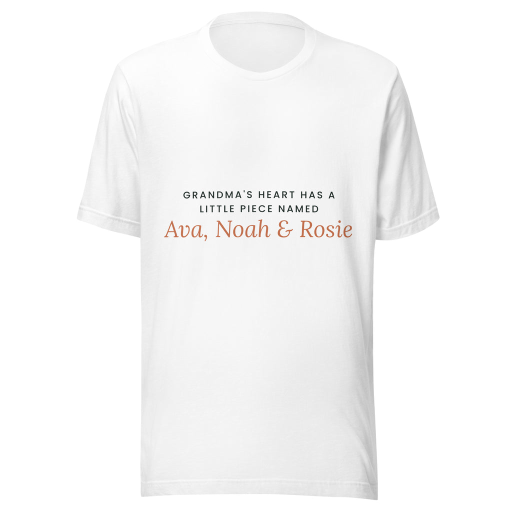 Personalised Grandma t-shirt with grandchildren's names, white unisex cotton tee, front view