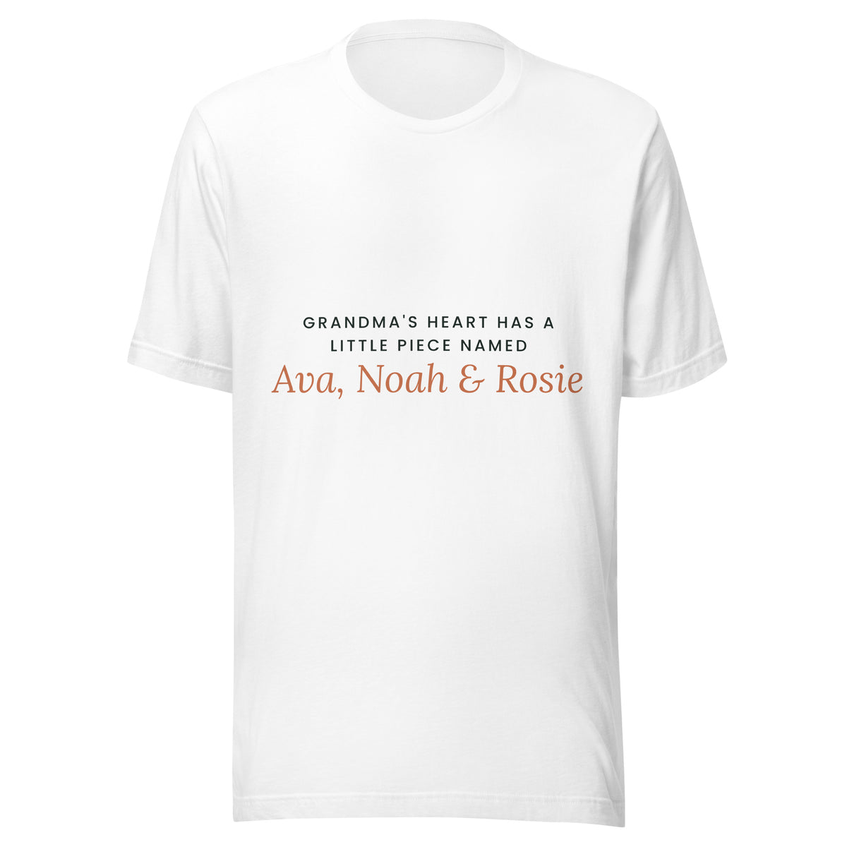 Personalised Grandma t-shirt with grandchildren's names, white unisex cotton tee, front view