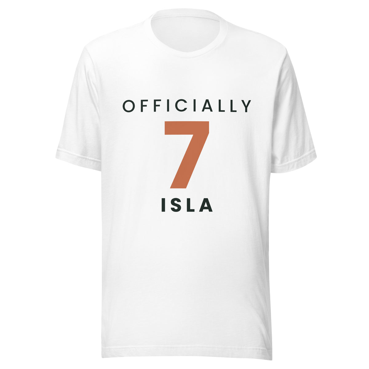 Personalised kids' birthday t-shirt with name and age, white unisex cotton tee, front view