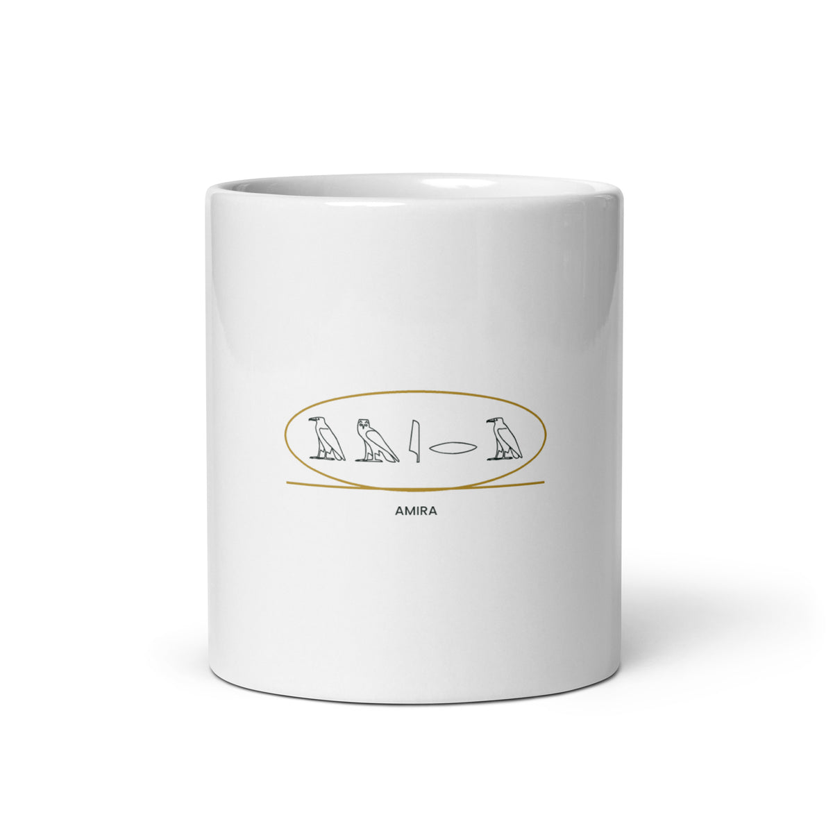 Personalised mug with your name in Egyptian hieroglyphs inside a cartouche, 11oz white glossy ceramic mug, front view