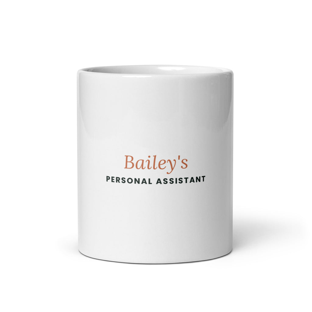 Personalised pet name mug reading Personal Assistant, 11oz white glossy ceramic mug, front view