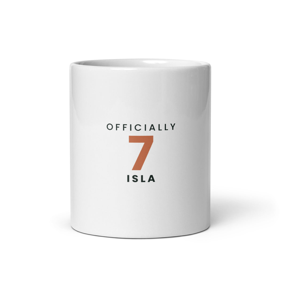 Personalised birthday mug with name and age, 11oz white glossy ceramic mug, front view