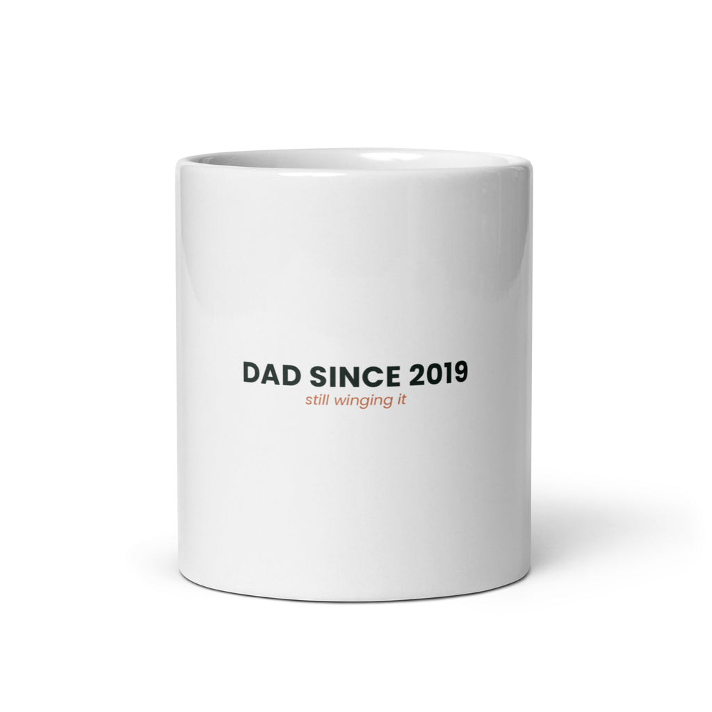 Personalised Dad Since mug with the year, Still Winging It, 11oz white glossy ceramic mug, front view