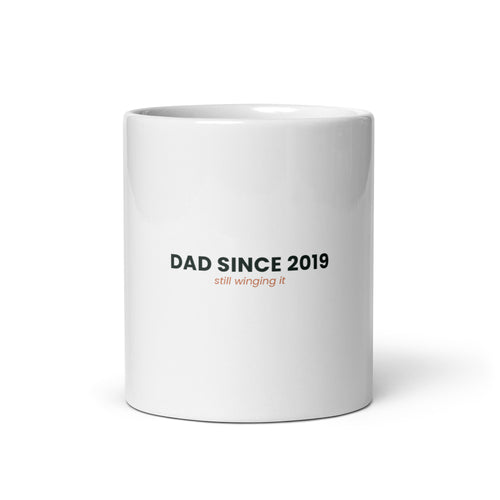 Personalised Dad Since mug with the year, Still Winging It, 11oz white glossy ceramic mug, front view