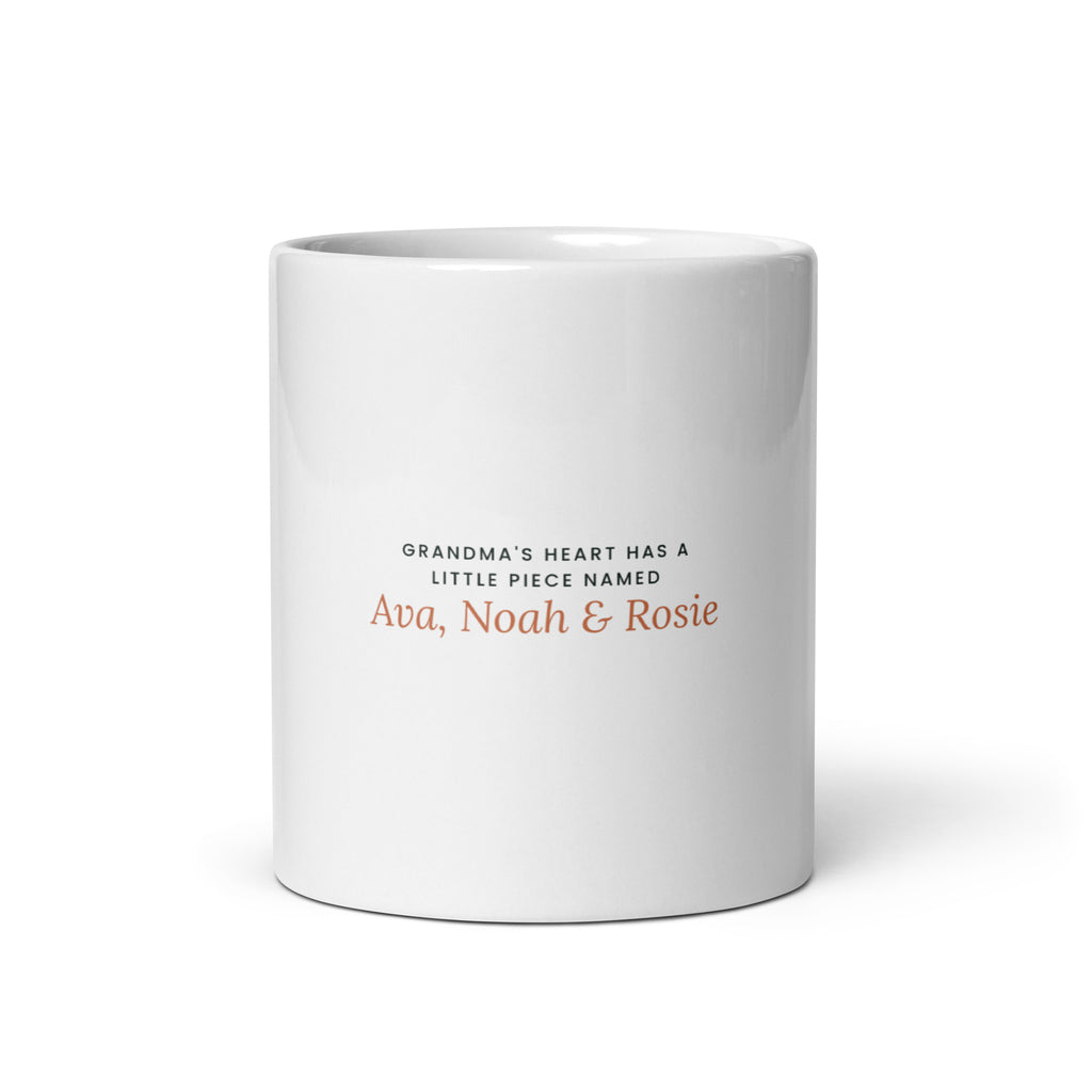 Personalised Grandma mug with grandchildren's names, 11oz white glossy ceramic mug, front view