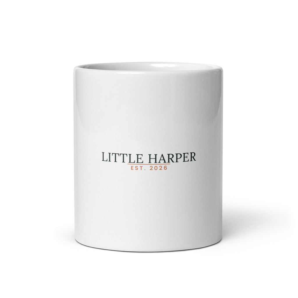 Personalised new baby mug with family surname and year, 11oz white glossy ceramic mug, front view