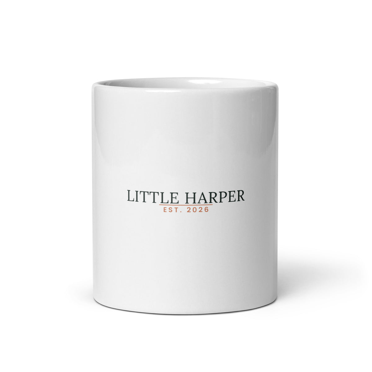 Personalised new baby mug with family surname and year, 11oz white glossy ceramic mug, front view