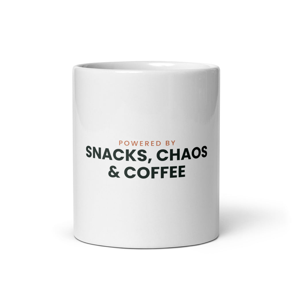Powered by Snacks, Chaos & Coffee funny family mug, 11oz white glossy ceramic mug, front view