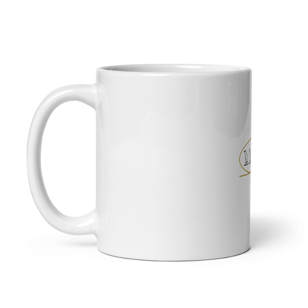 Personalised mug with your name in Egyptian hieroglyphs inside a cartouche, 11oz white glossy ceramic mug, handle on the left