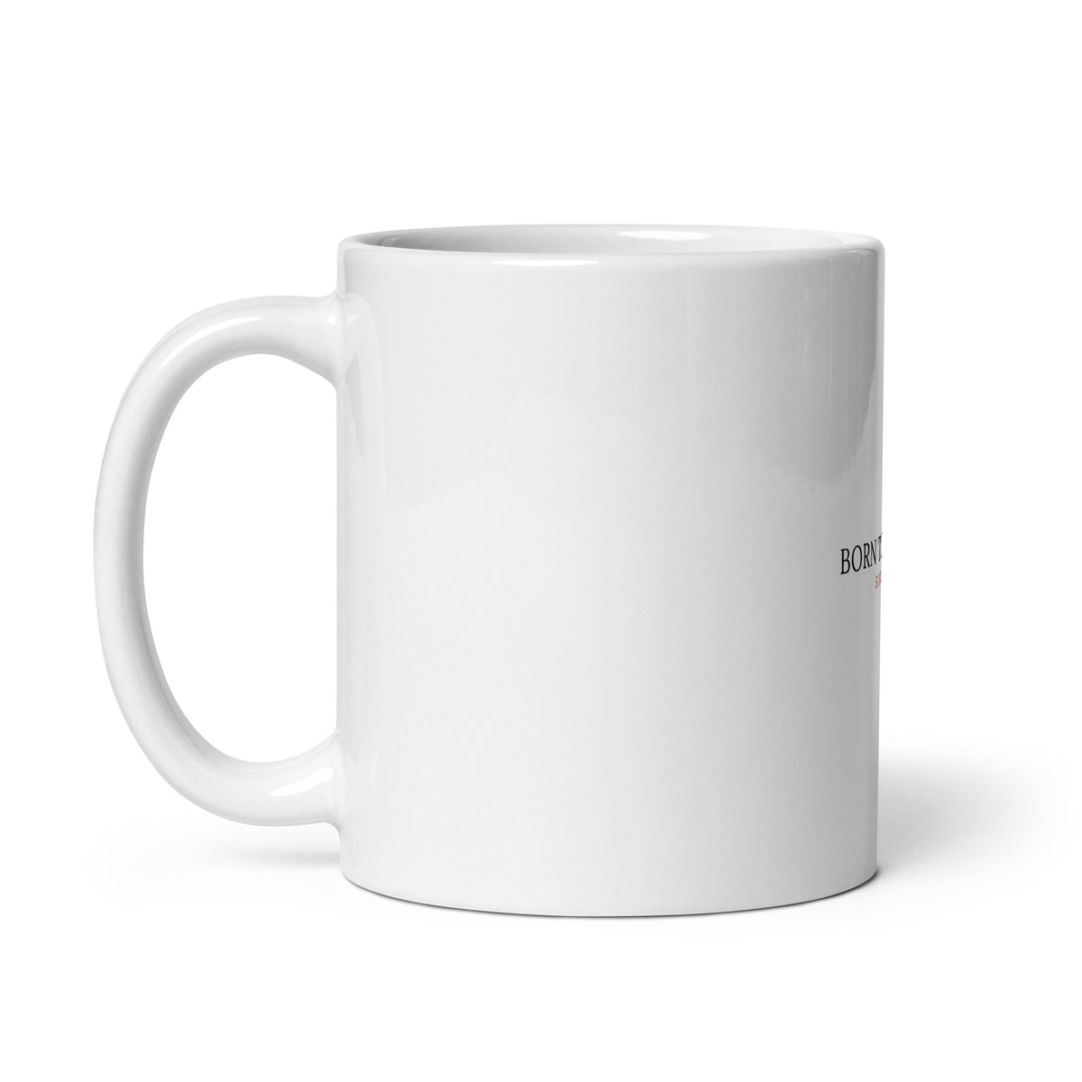 Personalised Born to Sparkle birthday mug with birth year, 11oz white glossy ceramic mug, handle on the left