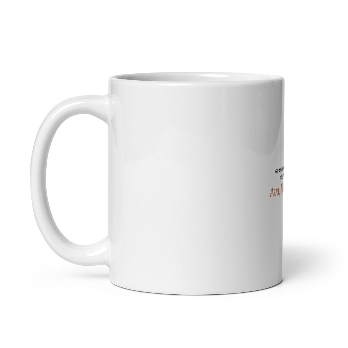 Personalised Grandma mug with grandchildren's names, 11oz white glossy ceramic mug, handle on the left
