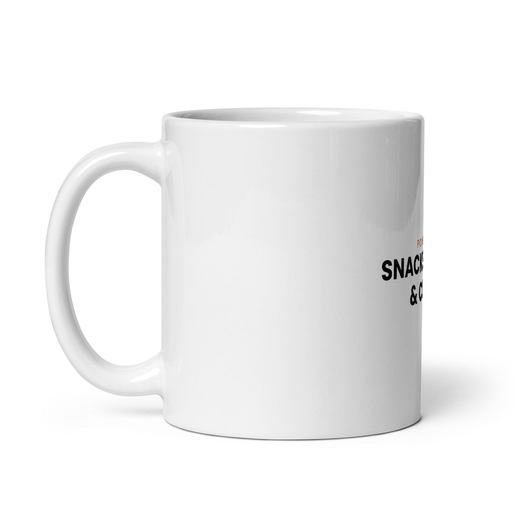 Powered by Snacks, Chaos & Coffee funny family mug, 11oz white glossy ceramic mug, handle on the left