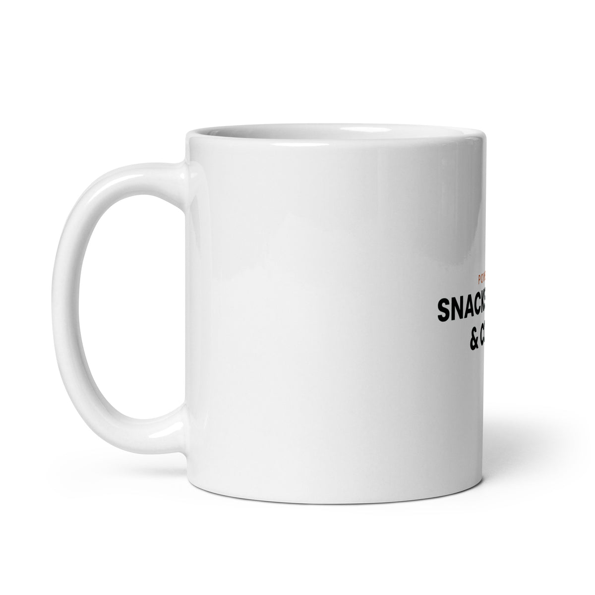 Powered by Snacks, Chaos & Coffee funny family mug, 11oz white glossy ceramic mug, handle on the left