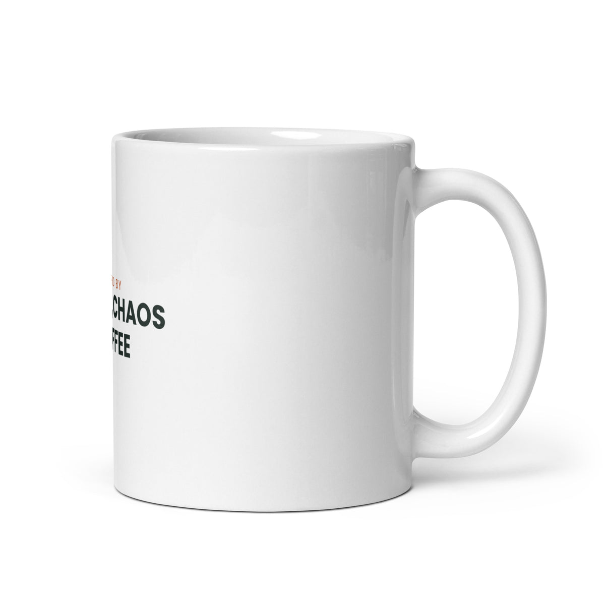Powered by Snacks, Chaos & Coffee funny family mug, 11oz white glossy ceramic mug, handle on the right