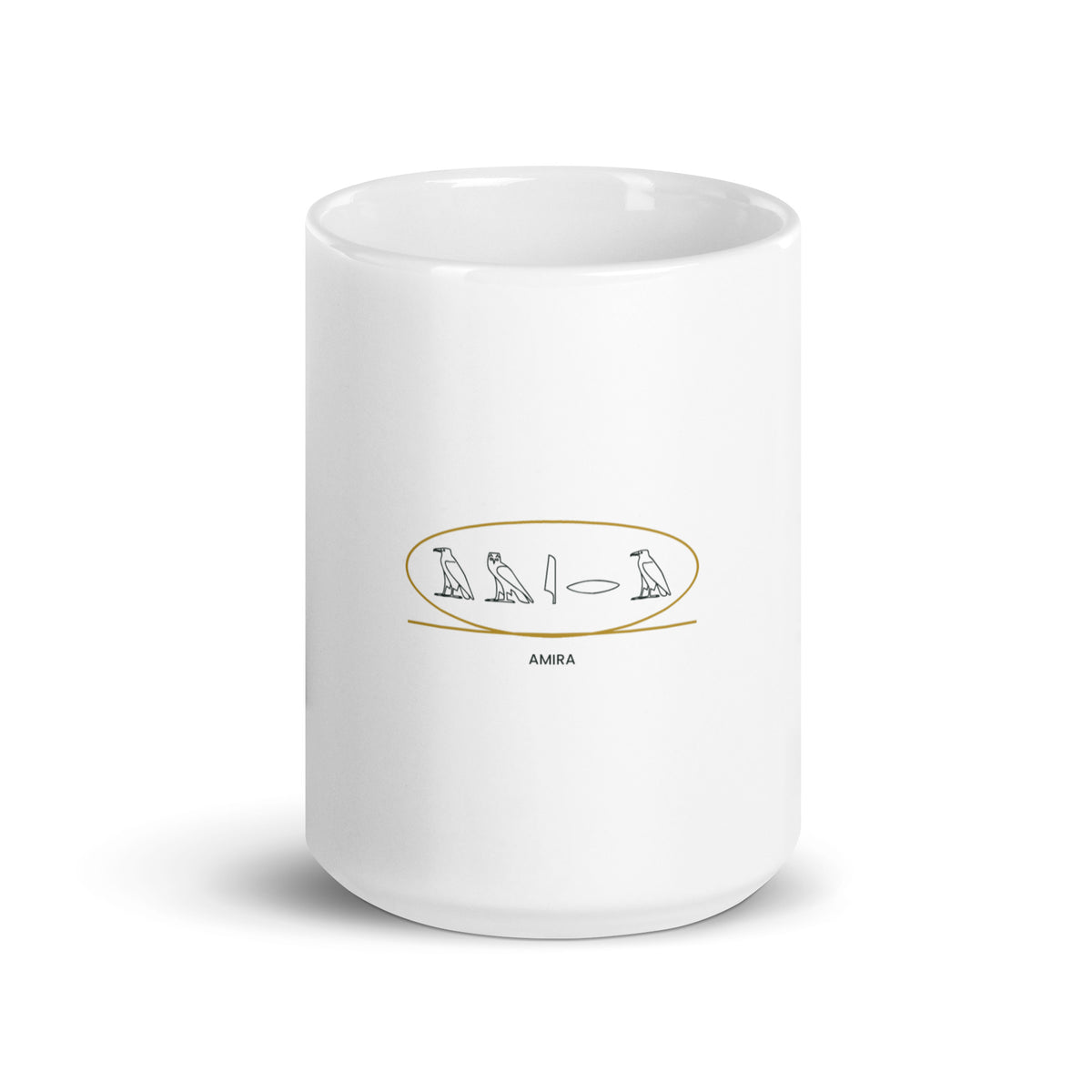 Personalised mug with your name in Egyptian hieroglyphs inside a cartouche, 15oz white glossy ceramic mug, front view
