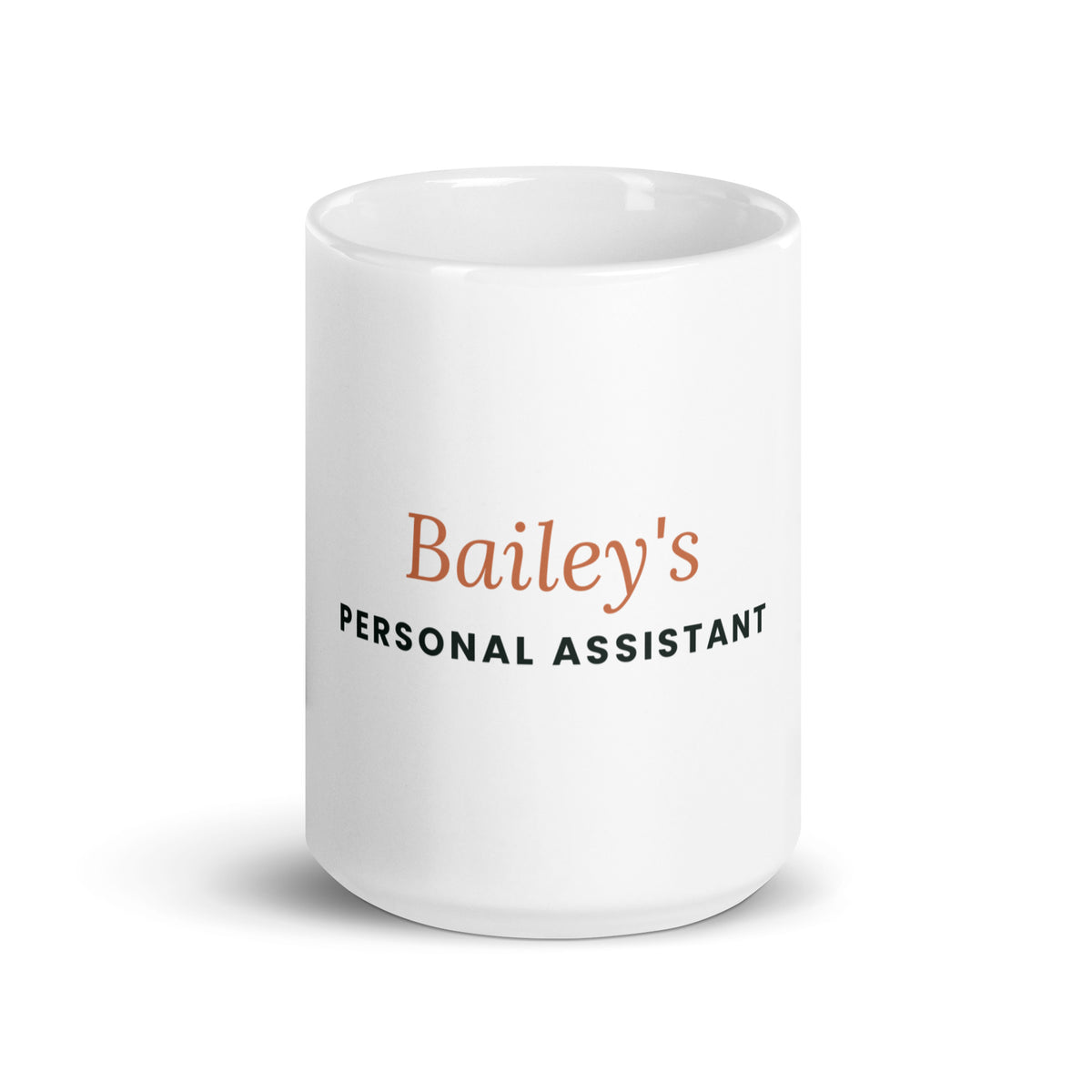 Personalised pet name mug reading Personal Assistant, 15oz white glossy ceramic mug, front view