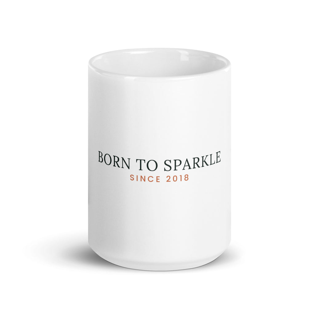 Personalised Born to Sparkle birthday mug with birth year, 15oz white glossy ceramic mug, front view