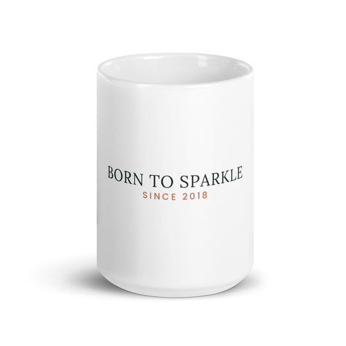 Personalised Born to Sparkle birthday mug with birth year, 15oz white glossy ceramic mug, front view
