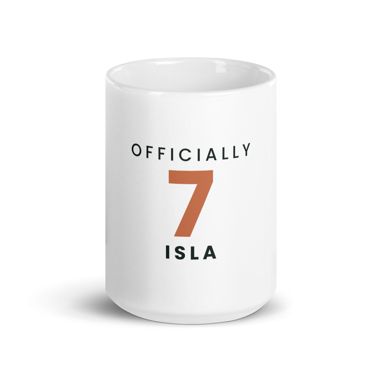 Personalised birthday mug with name and age, 15oz white glossy ceramic mug, front view