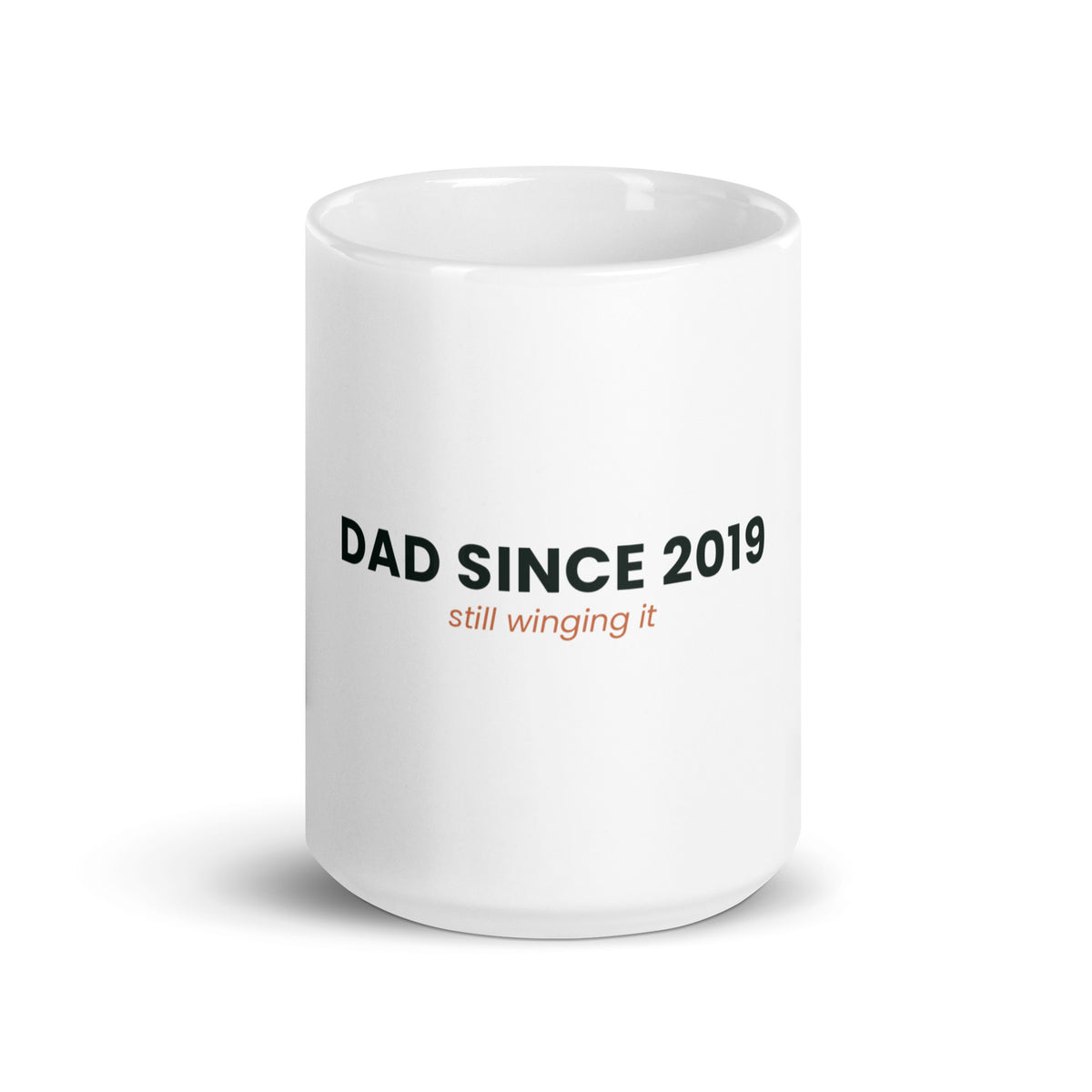 Personalised Dad Since mug with the year, Still Winging It, 15oz white glossy ceramic mug, front view