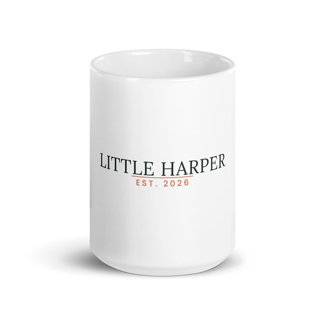 Personalised new baby mug with family surname and year, 15oz white glossy ceramic mug, front view