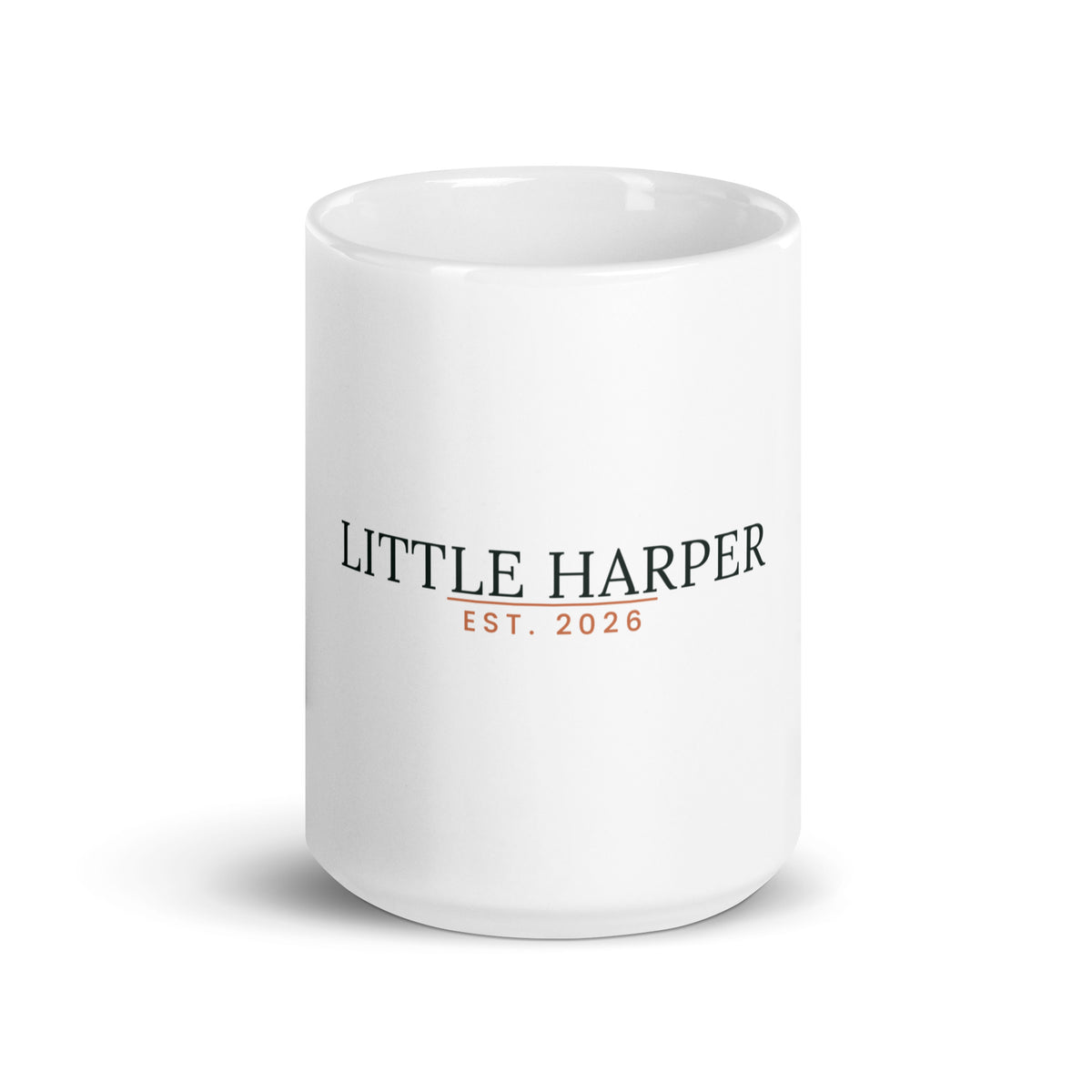 Personalised new baby mug with family surname and year, 15oz white glossy ceramic mug, front view