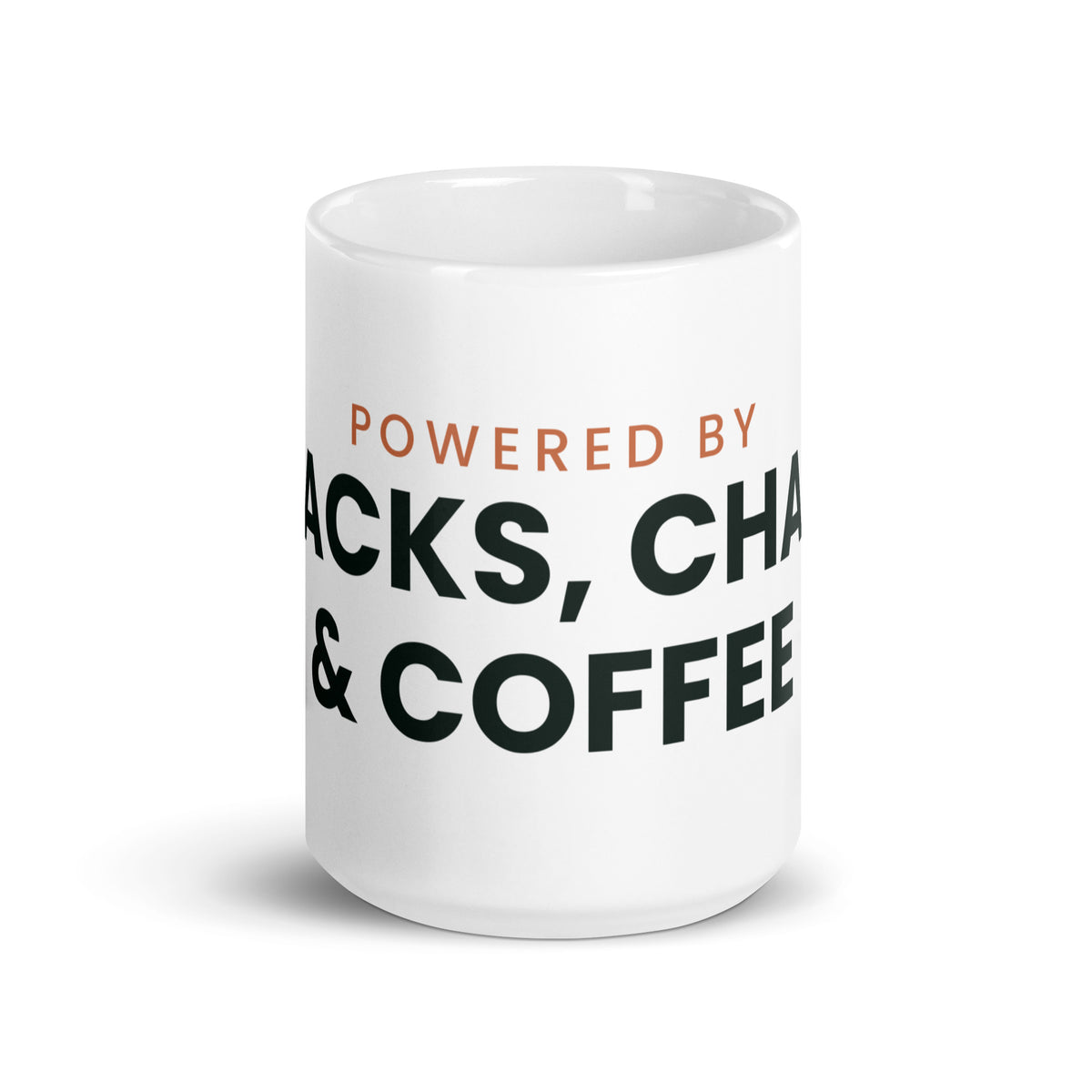 Powered by Snacks, Chaos & Coffee funny family mug, 15oz white glossy ceramic mug, front view