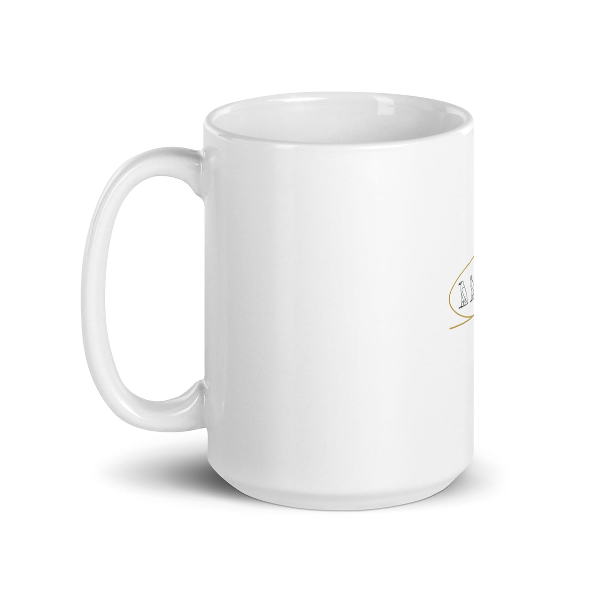 Personalised mug with your name in Egyptian hieroglyphs inside a cartouche, 15oz white glossy ceramic mug, handle on the left
