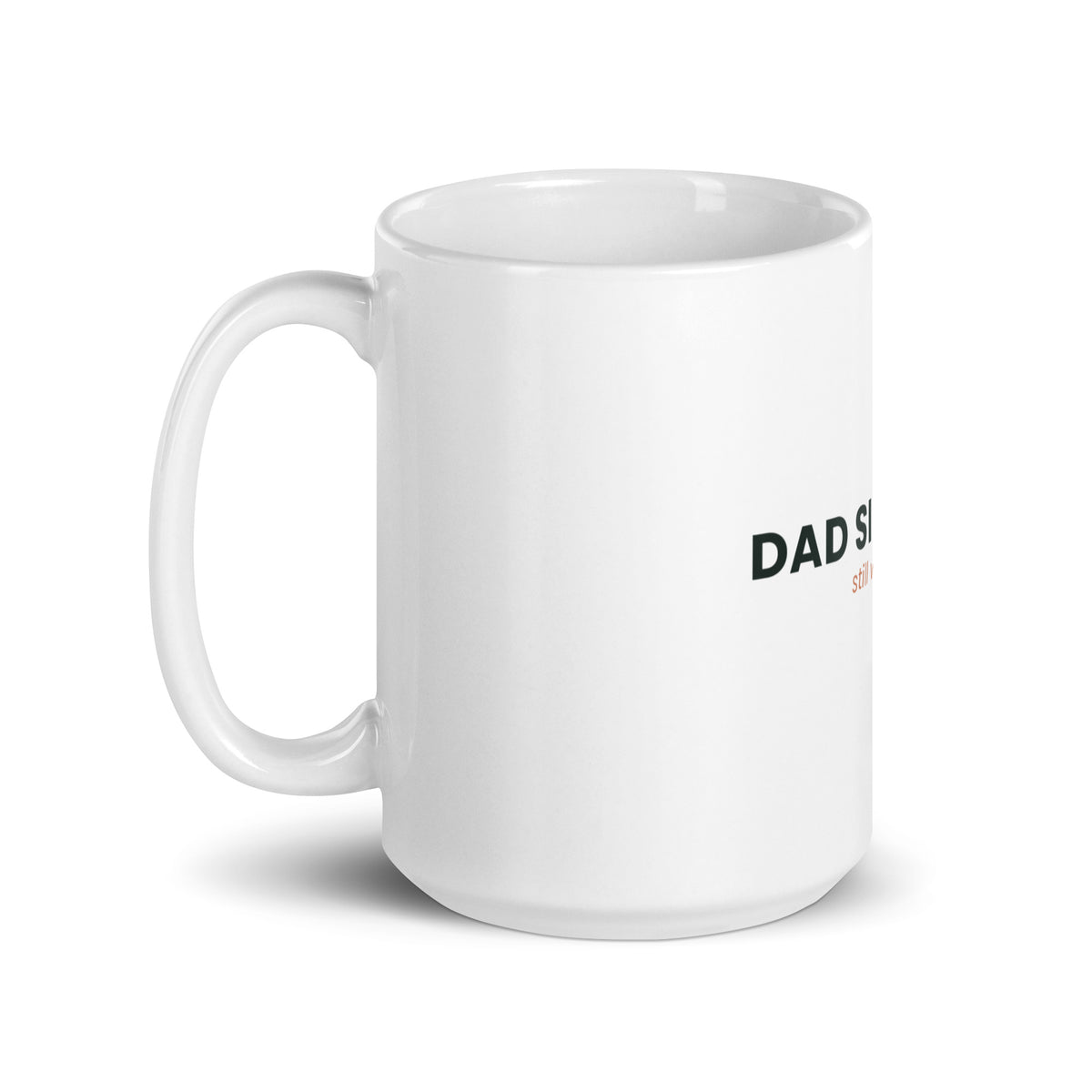 Personalised Dad Since mug with the year, Still Winging It, 15oz white glossy ceramic mug, handle on the left
