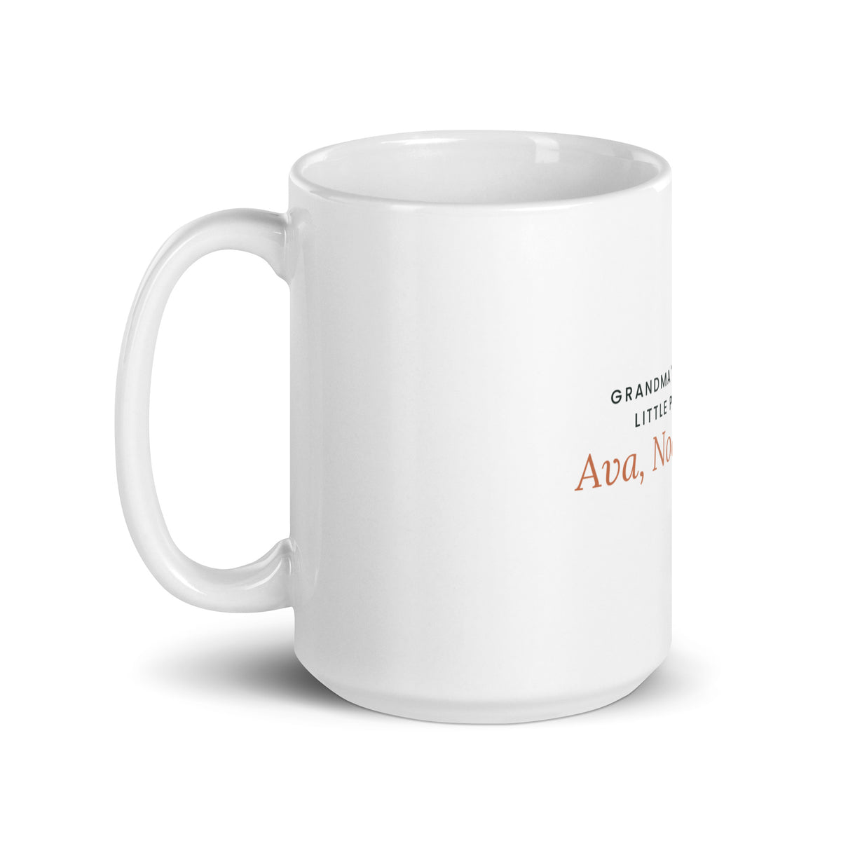 Personalised Grandma mug with grandchildren's names, 15oz white glossy ceramic mug, handle on the left