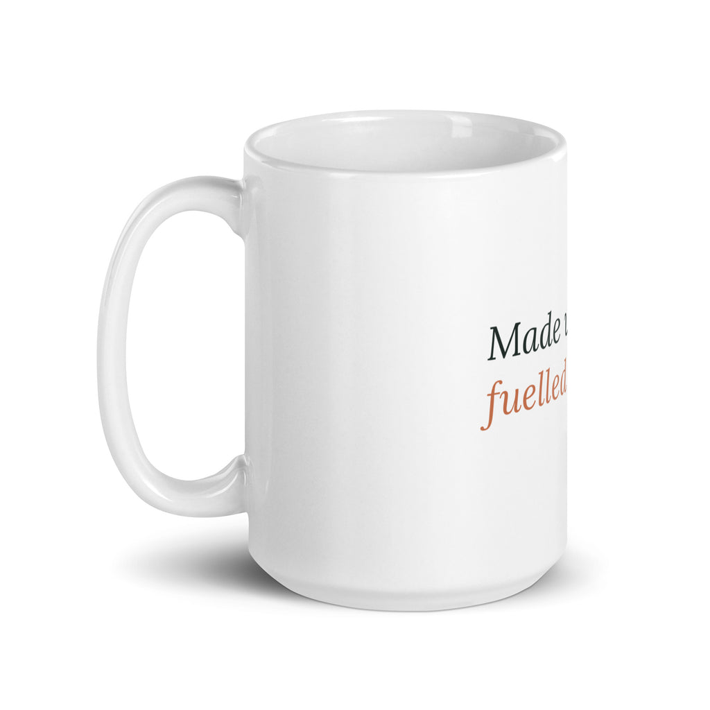 Made With Love, Fuelled By Coffee new mum mug, 15oz white glossy ceramic mug, handle on the left