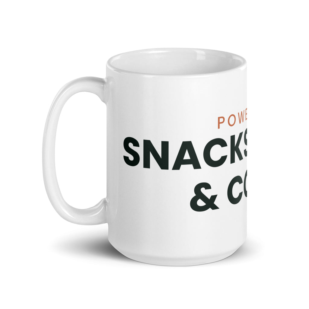 Powered by Snacks, Chaos & Coffee funny family mug, 15oz white glossy ceramic mug, handle on the left