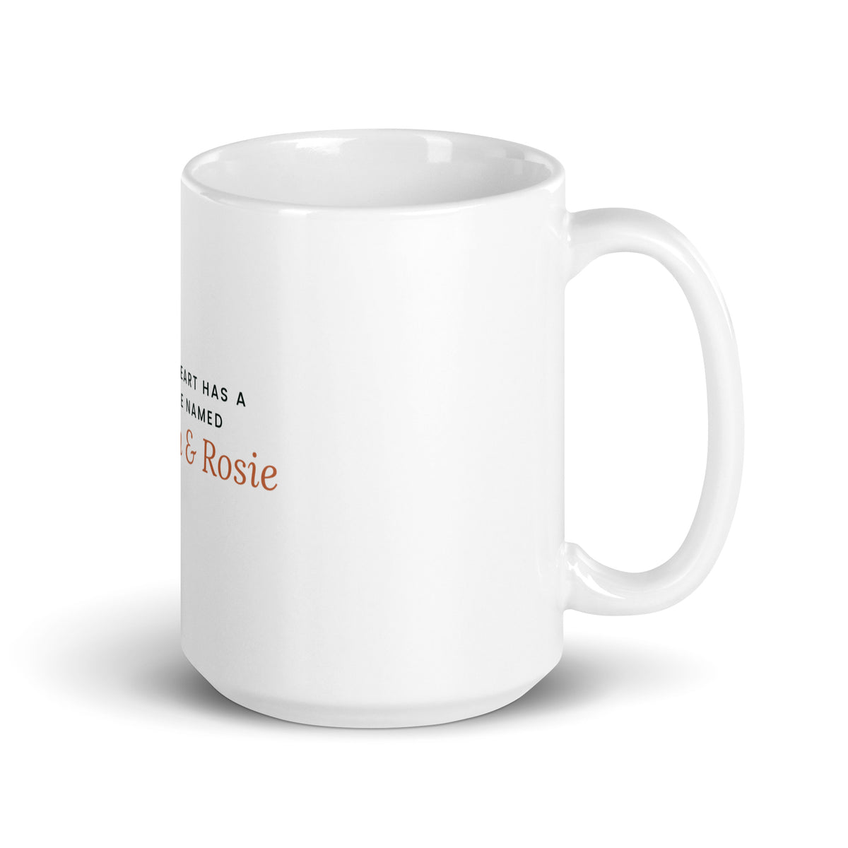 Personalised Grandma mug with grandchildren's names, 15oz white glossy ceramic mug, handle on the right