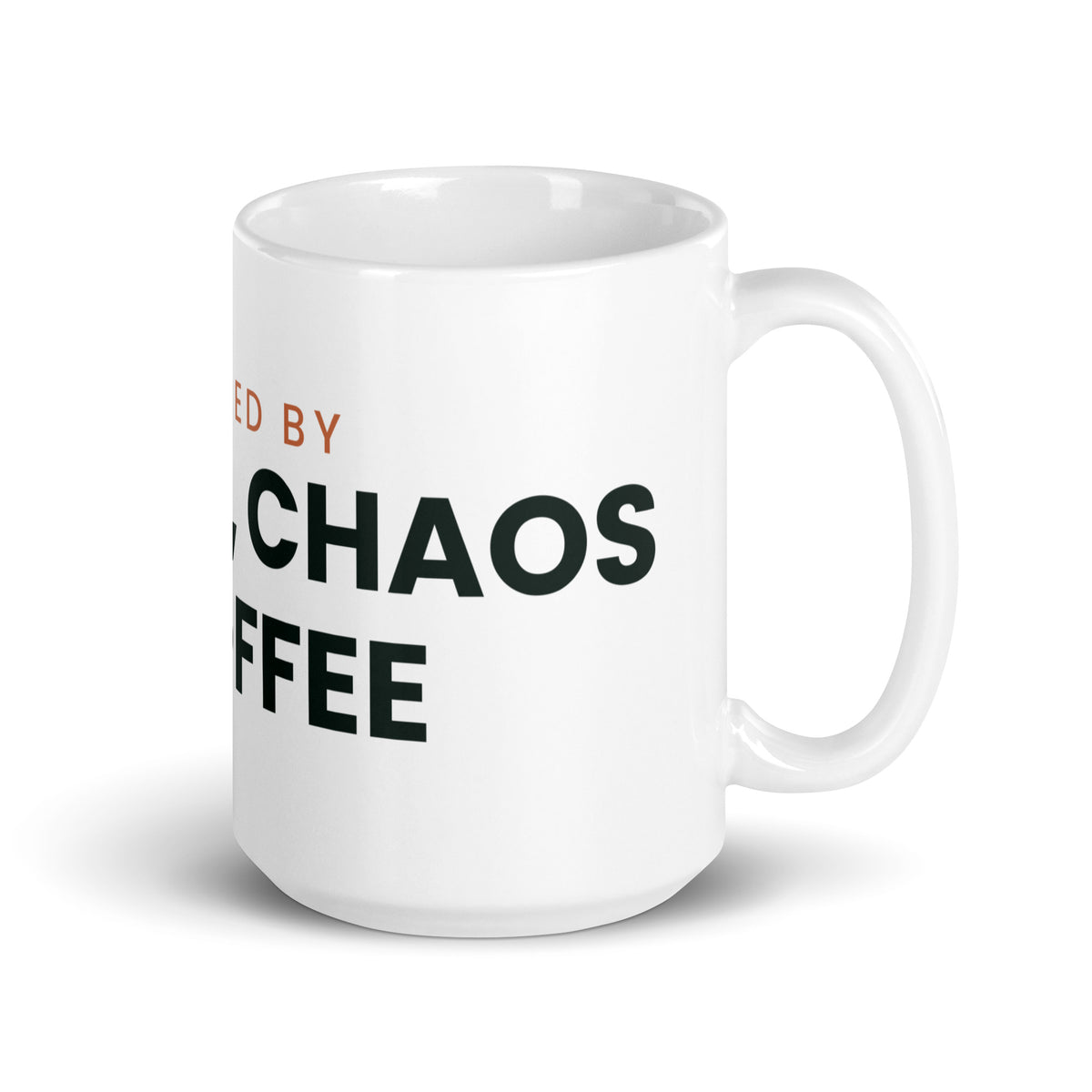 Powered by Snacks, Chaos & Coffee funny family mug, 15oz white glossy ceramic mug, handle on the right